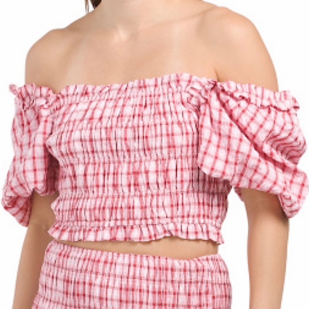 English Factory NEW Check Smocked Puff Sleeve Top Size Large Pink/Red